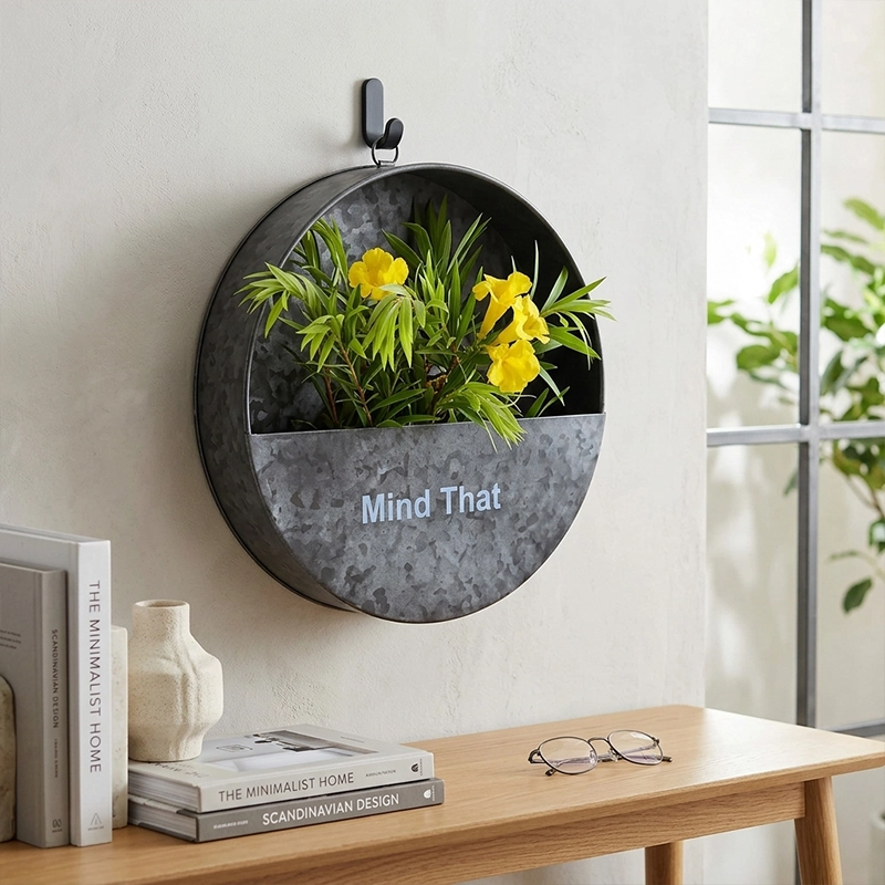 Handcrafted Round Metal Wall Hanging Planter for Living Room, Balcony & Garden