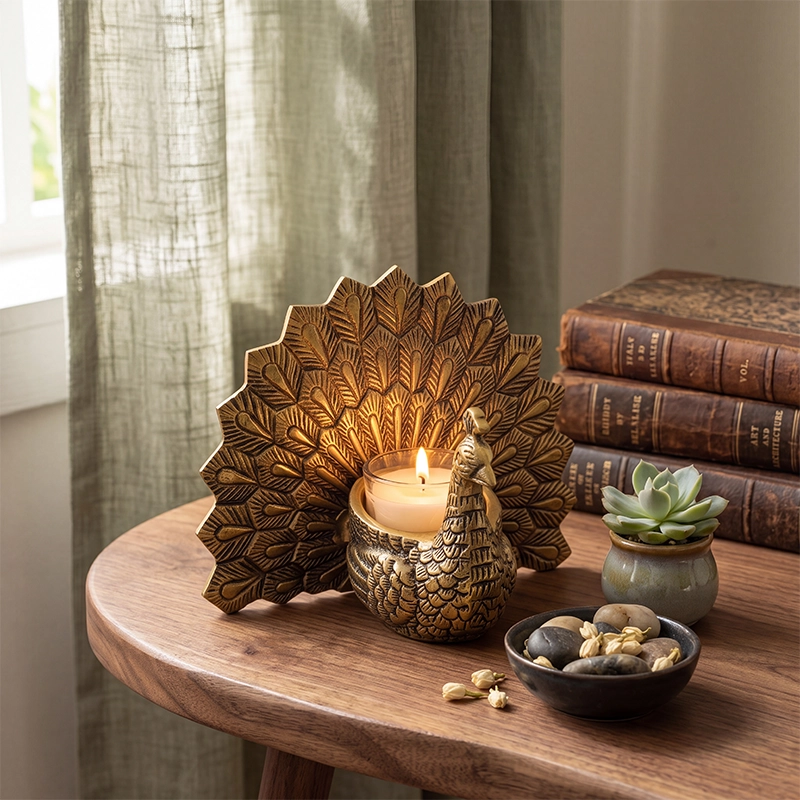 Aluminum Peacock Candle Holder with Glass Votive
