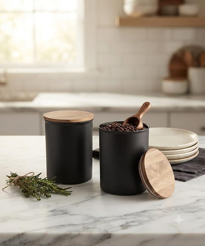 Airtight Metal Jars for Kitchen Storage with Wooden Lid | Tea Sugar Salt Container Multi-Utility Snacks Jars & Containers Salt Jar for Kitchen, Black (1 Jar)
