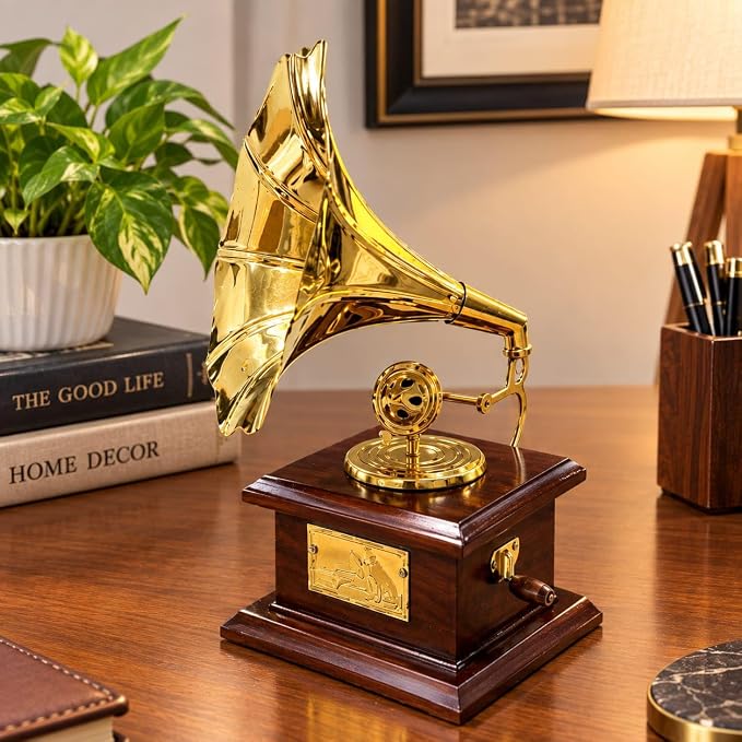 Vintage Brass & Wooden Gramophone Showpiece 8 Inch